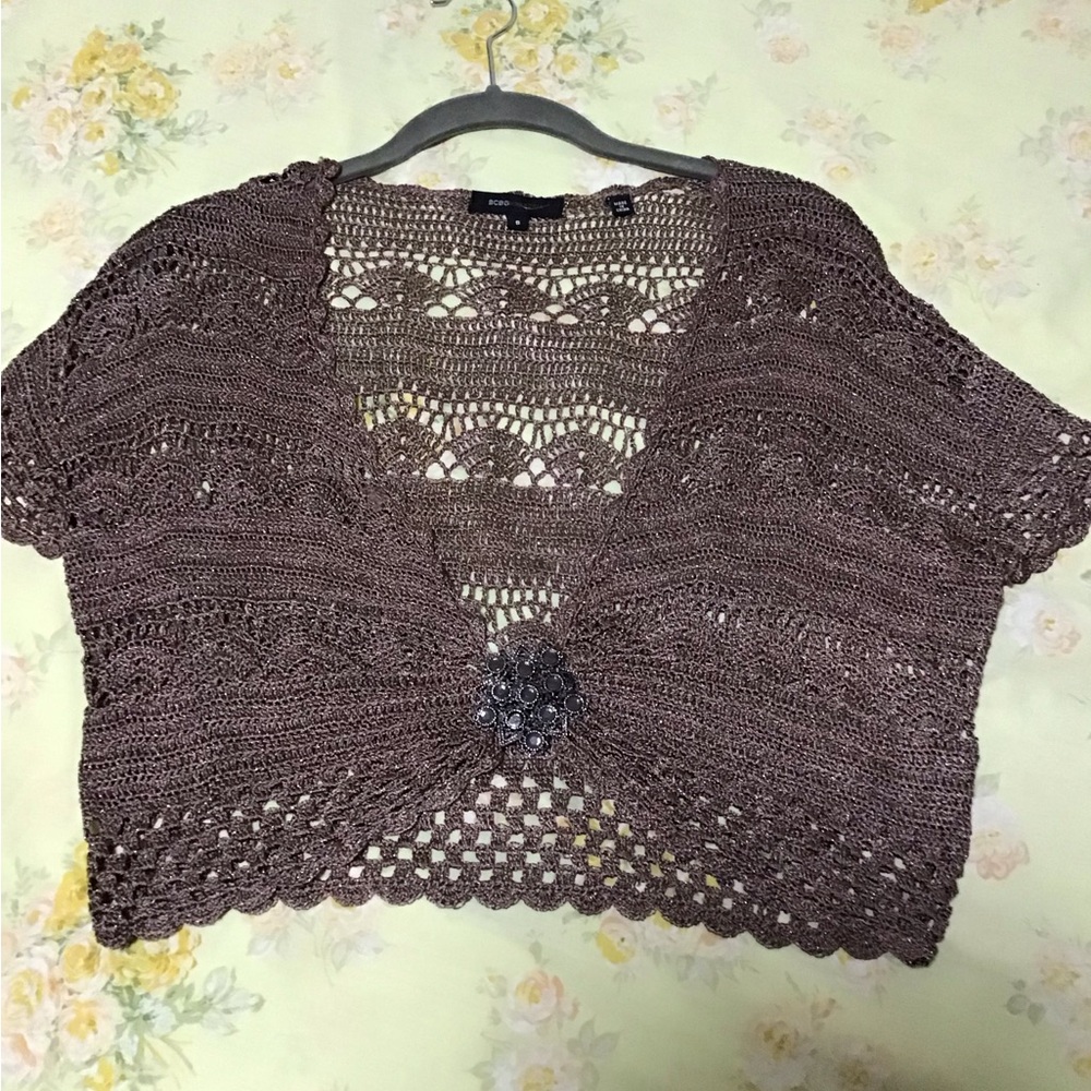 BCBGMaxAzria Crochet Openwork Short Cardigan Shrug in Brown